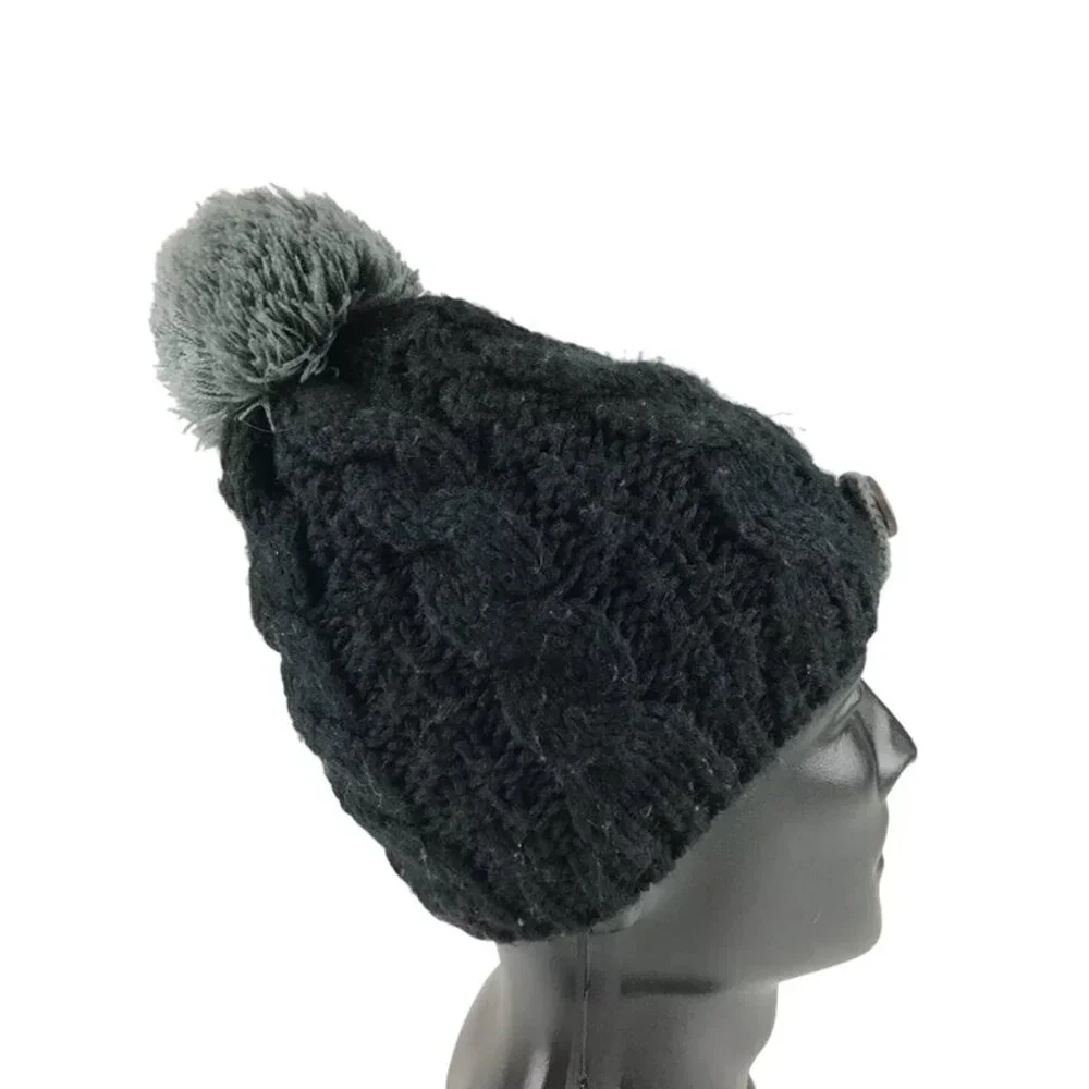 Moon Shadow Womens Black Gray 100% Acrylic Pom Top Knitted Beanie Hat One Size - Picture 8 of 11